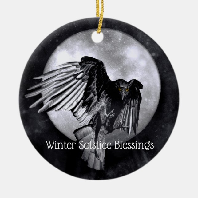 Winter Solstice Blessing Raven eller Kråka Måne Pa Julgransprydnad Keramik (Framsidan)