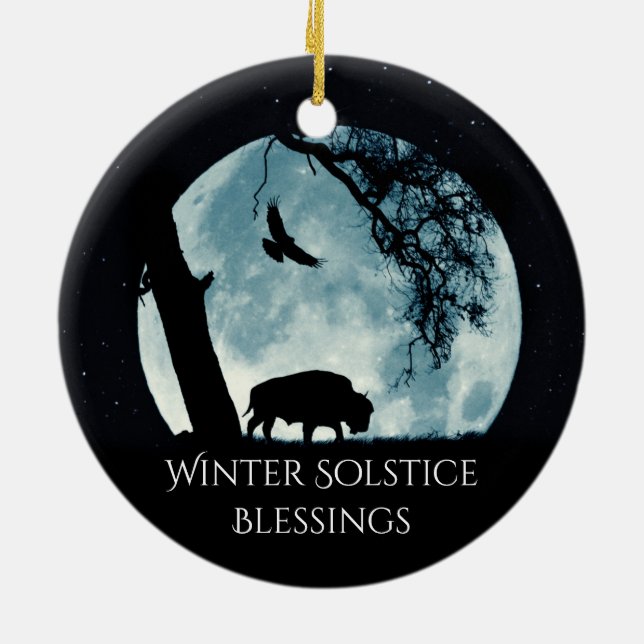 Winter Solstice Buffalo Måne och Raven Julgransprydnad Keramik (Baksidan)
