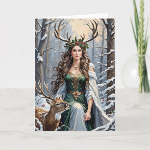 Winter Solstice Goddess & Hjort i skogen Helgkort
