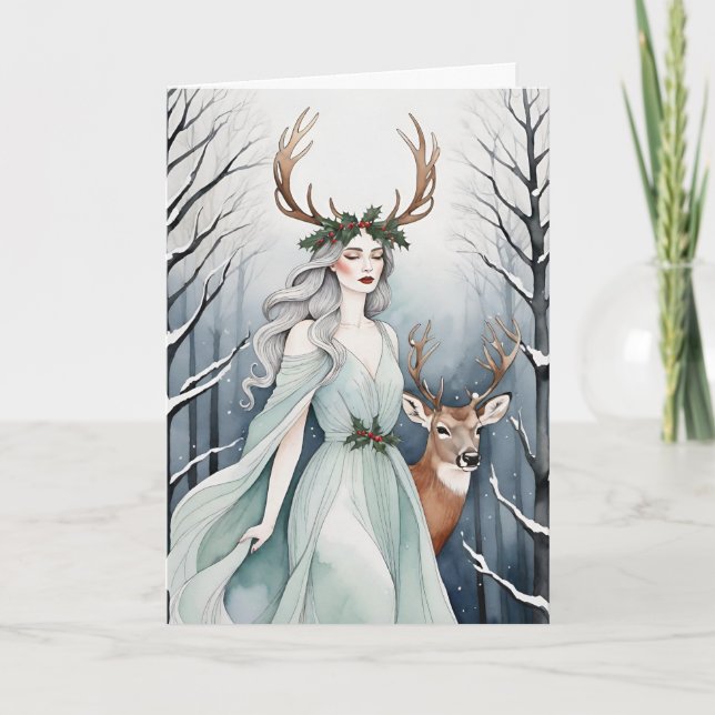 Winter Solstice Goddess & Hjort i skogen Helgkort (Framsida)