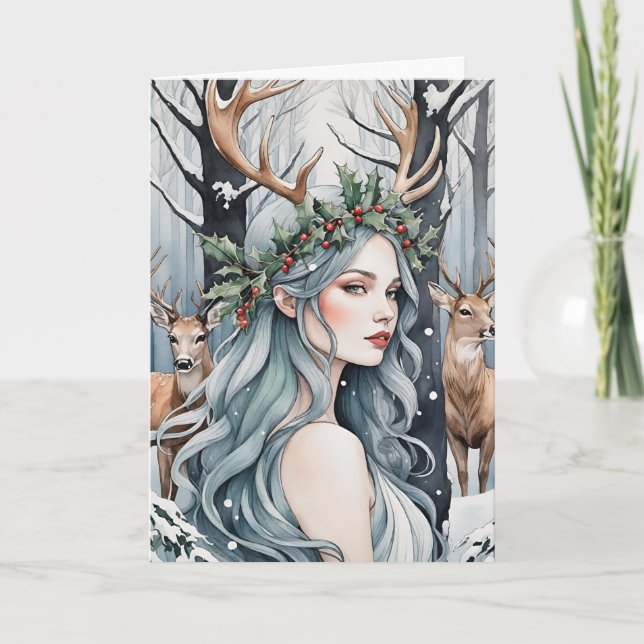 Winter Solstice Goddess & Hjort i skogen Helgkort (Framsida)