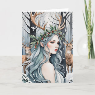 Winter Solstice Goddess & Hjort i skogen Helgkort
