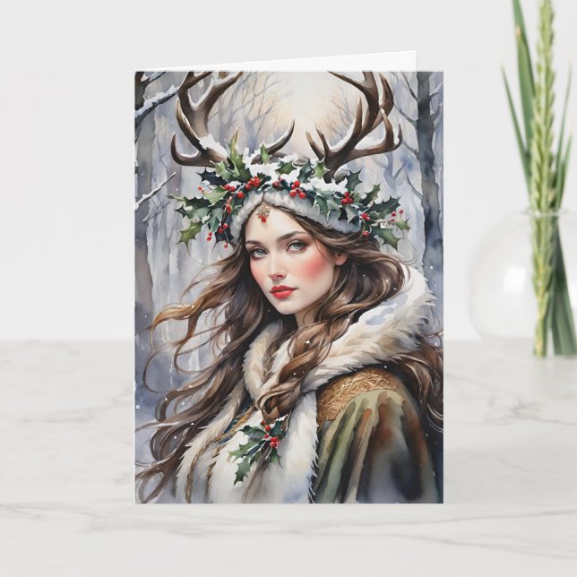 Winter Solstice Goddess i skogen Helgkort (Framsida)