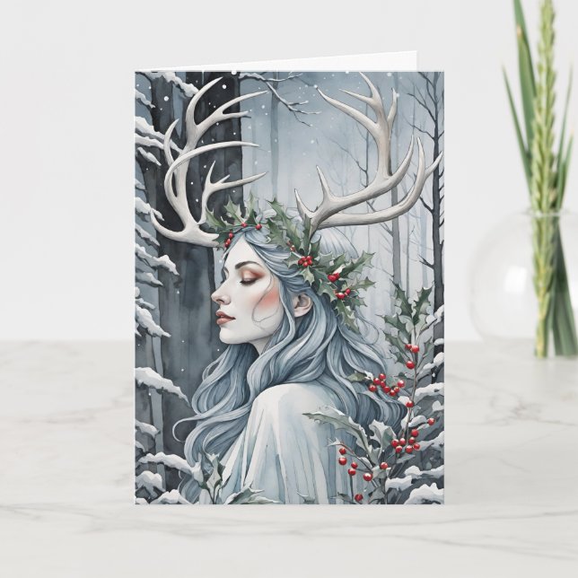 Winter Solstice Goddess i skogen Helgkort (Framsida)