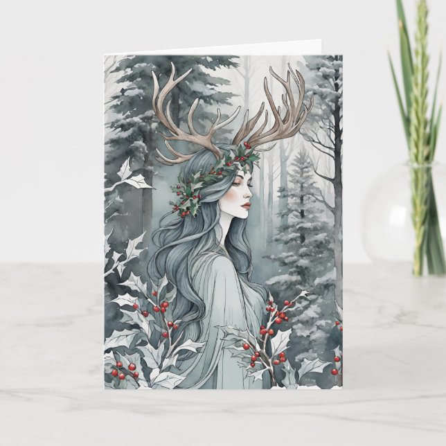 Winter Solstice Goddess i skogen Helgkort (Framsida)