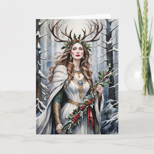 Winter Solstice Goddess i skogen Helgkort (Framsida)