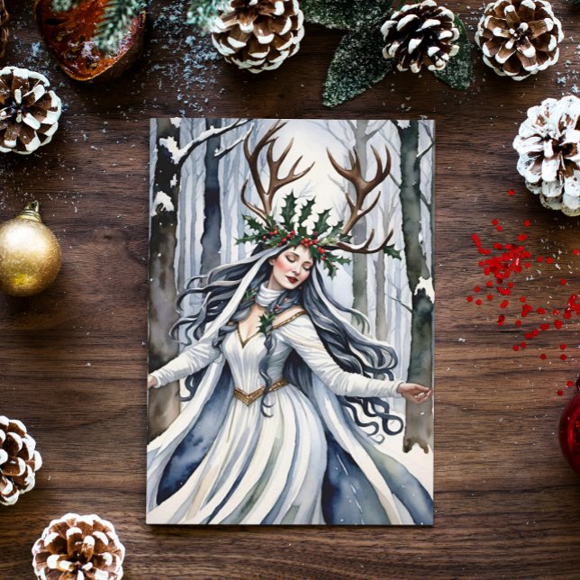 Winter Solstice Goddess i skogen Helgkort (Winter Solstice Yule Goddess in a snowy forest)