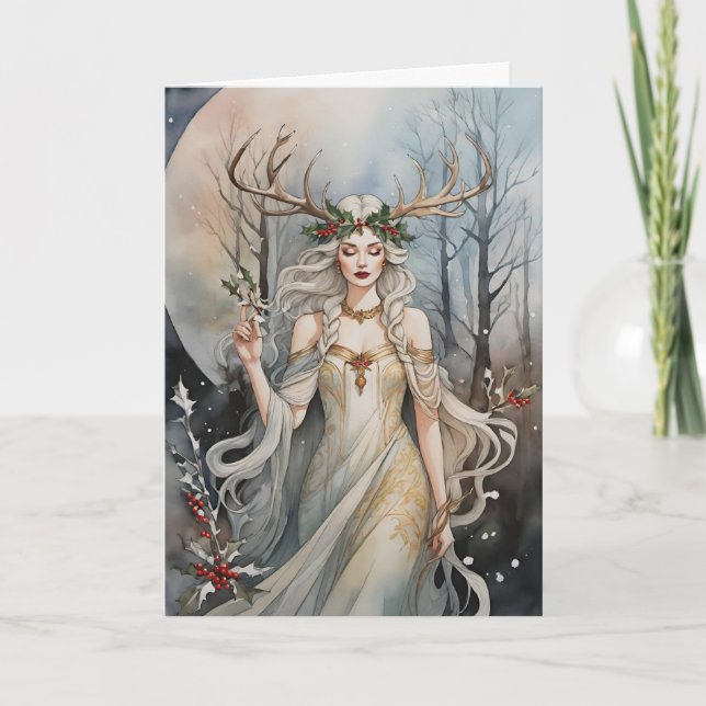 Winter Solstice Goddess i skogen Helgkort (Framsida)