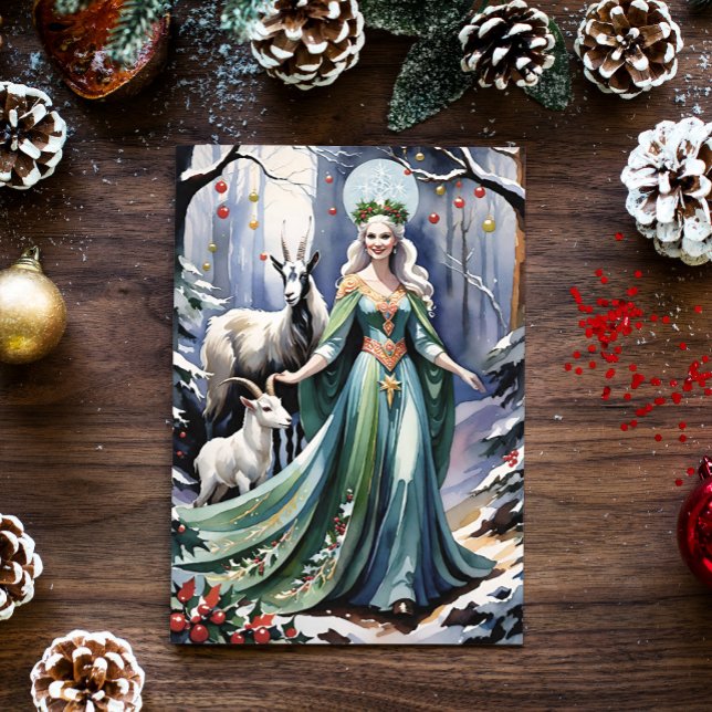 Winter Solstice Goddess Yule Goats i Forest Helgkort (Blessed Yule Winter Goddess and Goats in a Snowy Forest)