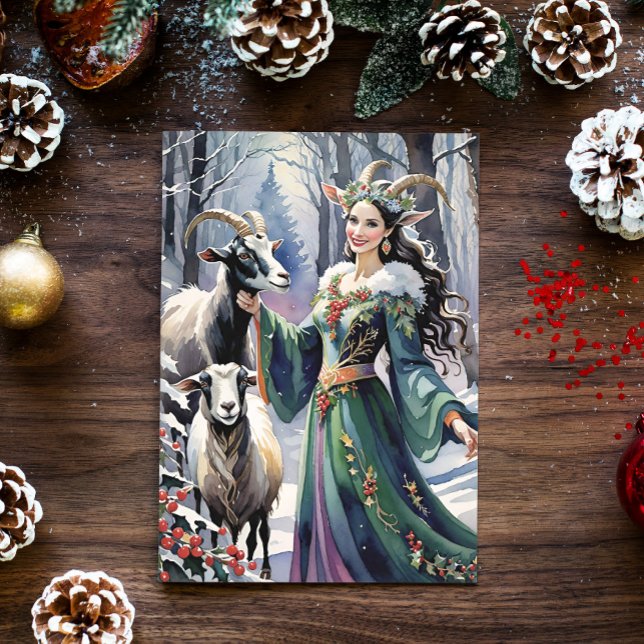 Winter Solstice Goddess Yule Goats i Forest Helgkort (Skapare uppladdad)