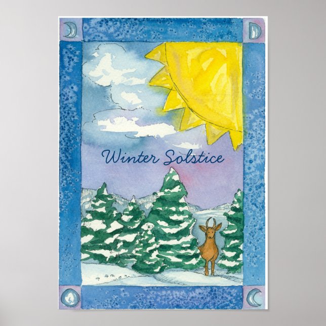 Winter Solstice Hjort Snö Ligcape Watercolor Poster (Framsidan)