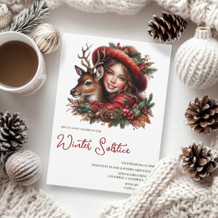Winter Solstice Holly Girl & Hjort Helgdag Forest Inbjudningar