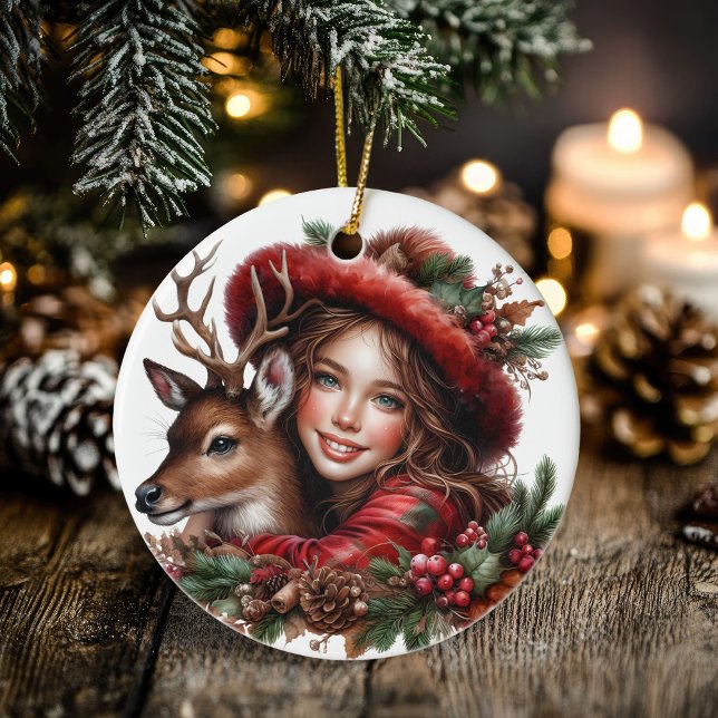 Winter Solstice Holly Girl & Hjort Helgdag Forest Julgransprydnad Keramik (Winter Solstice Holly Girl & Deer Holiday Forest Ceramic Ornament)