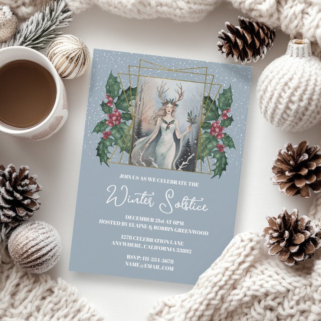 Winter Solstice Nature Goddess Boho Holly Inbjudningar (Cozy Winter Solstice Invtation with Nature Goddess in a Snowy Forest, and Holly Leaves)