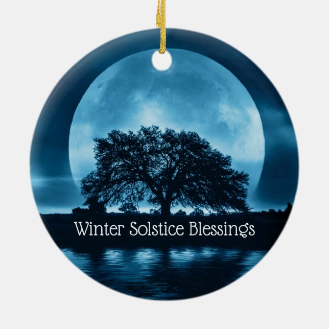 Winter Solstice Oak Träd och Big Full Moon Julgransprydnad Keramik (Baksidan)