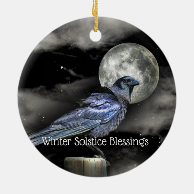 Winter Solstice Raven Kråka Måne Pagan Julgransprydnad Keramik (Baksidan)