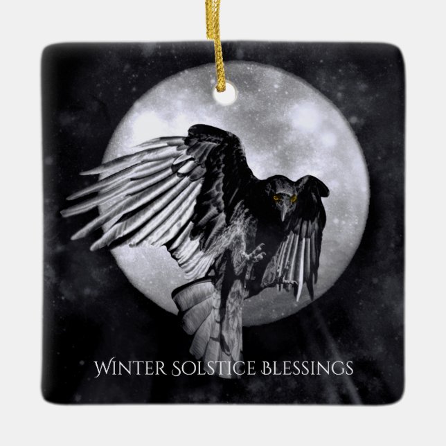 Winter Solstice Raven Kråka och Måne Julgransprydnad Keramik (Framsida)