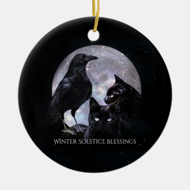 Winter Solstice Raven och Svarta katter med välsig Julgransprydnad Keramik (Framsidan)