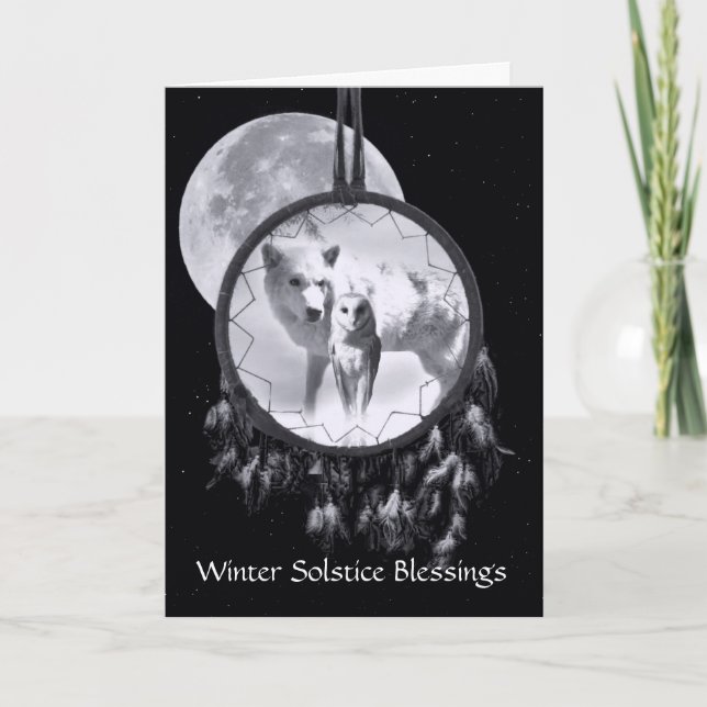 Winter Solstice White Varg och Uggla Dreamcatcher Kort (Framsida)
