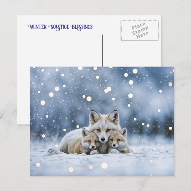 Winter Solstice Yule Foxes in Snow Helg Vykort (Fram/baksida)