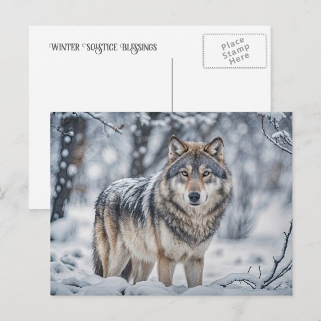 Winter Solstice Yule Wolf in Snow Wildlife Helg Vykort (Fram/baksida)