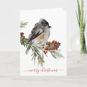 Winter Sparrow Spruce Red Berries God jul Helgkort
