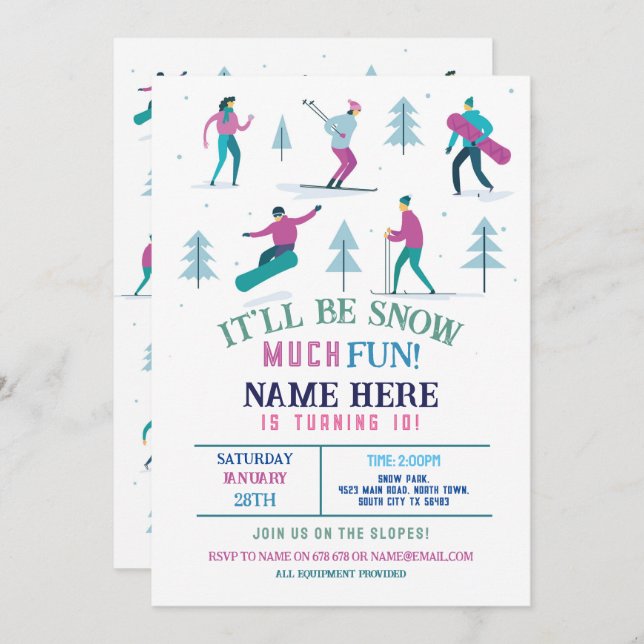 Winter Sports Birthday Girls Ski Snowboard Inbjudningar (Fram/baksida)