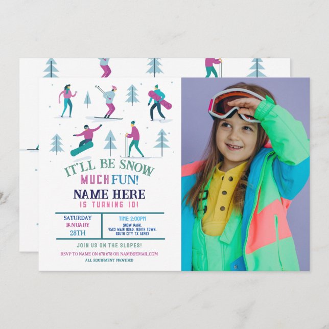 Winter Sports Birthday Girls Ski Snowboard Photo Inbjudningar (Fram/baksida)