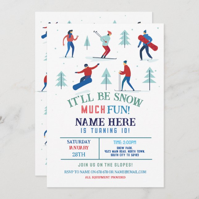 Winter Sports Födelsedagsfest Ski Snowboard Inbjudningar (Fram/baksida)