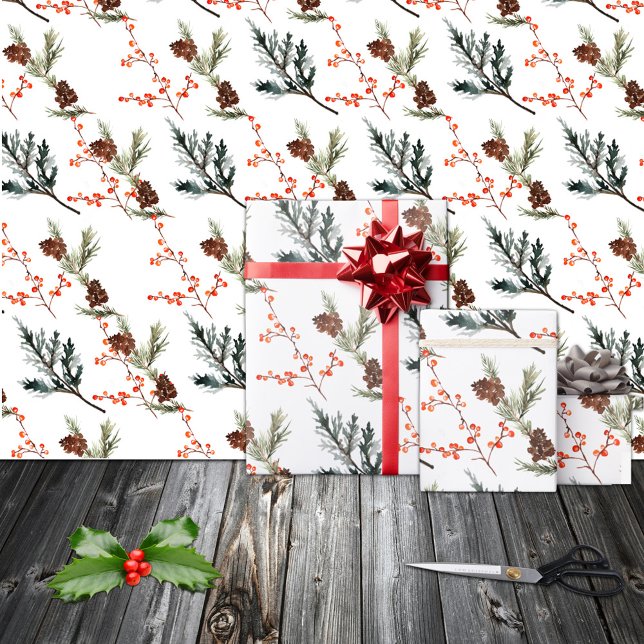 Winter Spruce Gräs Gren Cones Red Ilex Berries Presentpapper (Winter Spruce Pine Branch Cones Red Ilex Berries Christmas Holiday Gift Wrapping Paper Rolls)