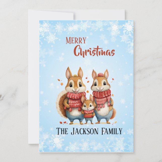 Winter Squirrel Familj med Scarves Julkort (Framsida)