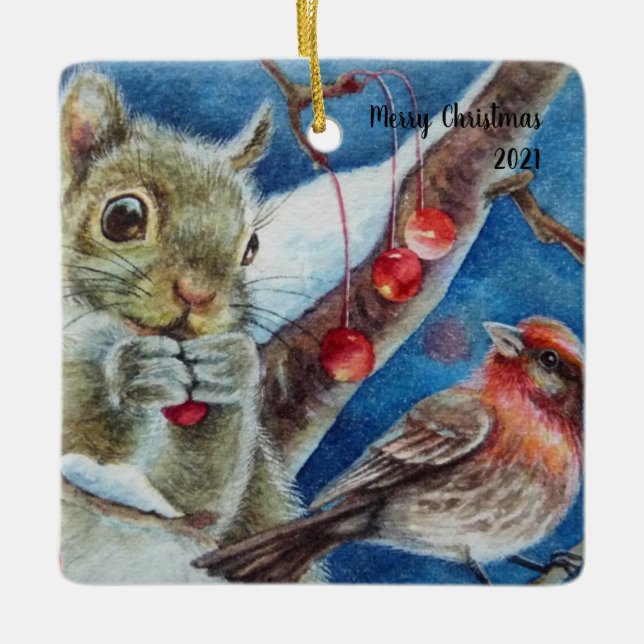Winter Squirrel Finch Bird Berries Watercolor Art Julgransprydnad Keramik (Framsida)
