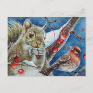 Winter Squirrel Finch Bird Berries Watercolor Art Vykort