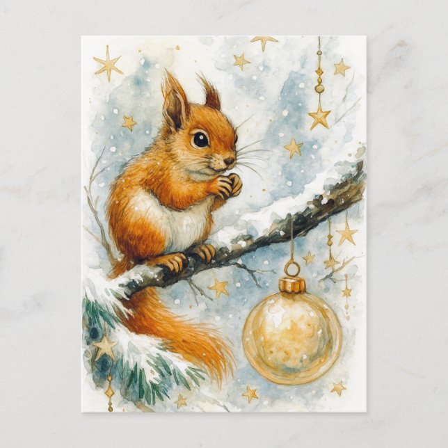 Winter Squirrel Golden Ornament Christmas Postcard Helg Vykort (Framsida)