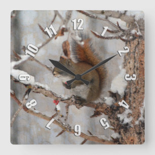 Winter Squirrel, Snö & Red Berries Julafton Design Fyrkantig Klocka