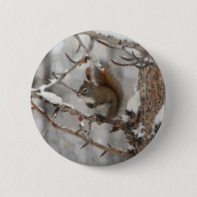 Winter Squirrel, Snö & Red Berries Julafton Design Knapp (Framsida)