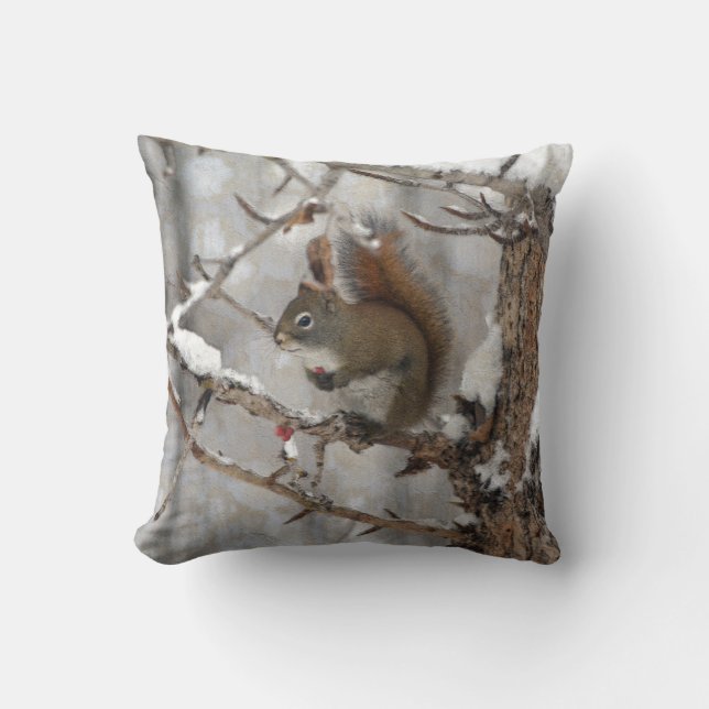 Winter Squirrel, Snö & Red Berries Julafton Design Kudde (Framsida)