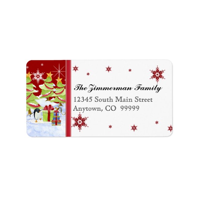 Winter Stollig Cute Penguin Spädbarn i Snö Star Adressetikett (Framsidan)