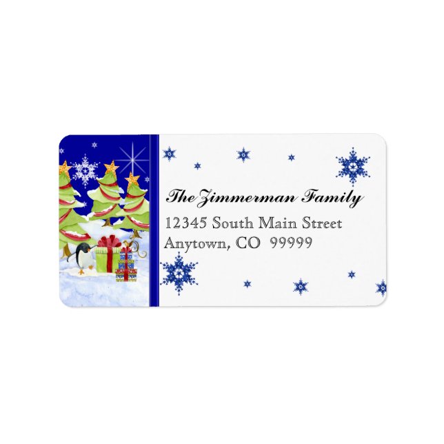 Winter Stollig Cute Penguin Spädbarn i Snö Star Adressetikett (Framsidan)