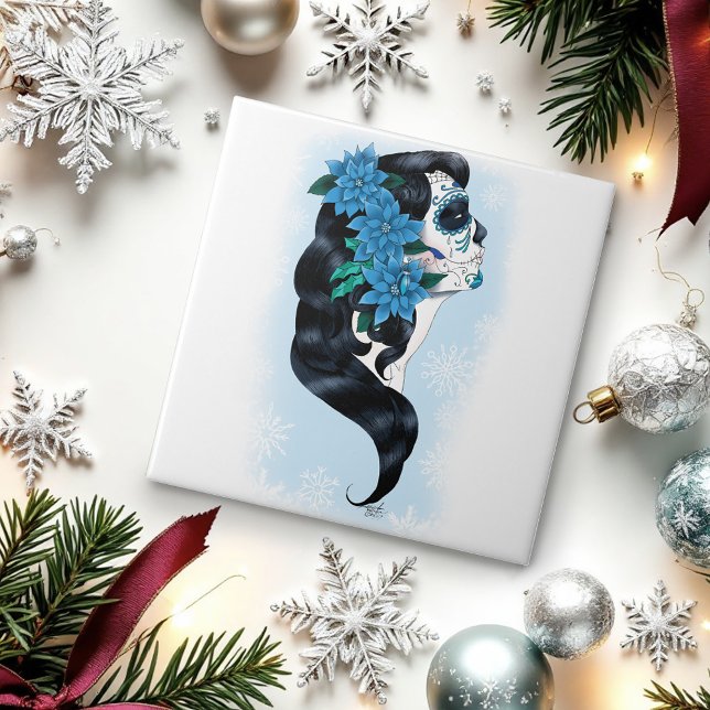 Winter Sugar Skull Blue Snöflingor Kakelplatta (Skapare uppladdad)