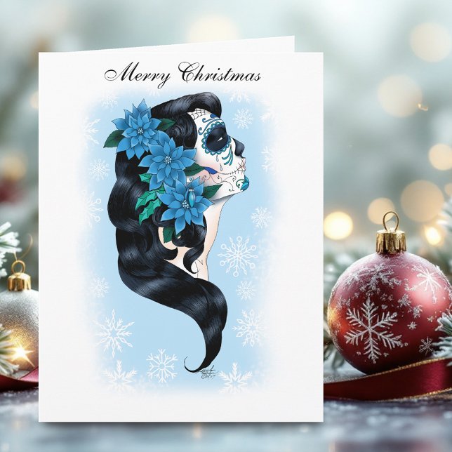 Winter Sugar Skull Blue Snöflingor Kort (Skapare uppladdad)