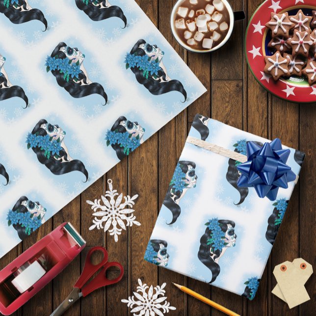 Winter Sugar Skull Blue Snöflingor Presentpapper (Skapare uppladdad)