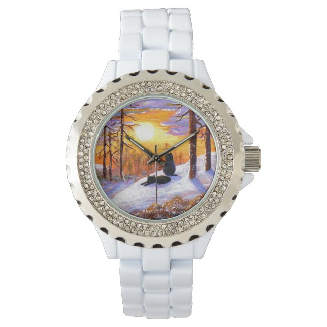 Winter Svarta katter Snowy Forest Creationartits Armbandsur (Framsida)