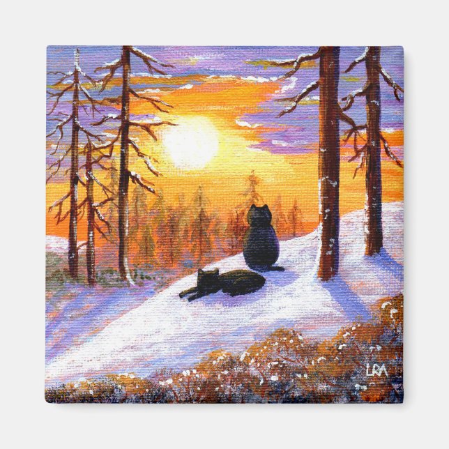 Winter Svarta katter Snowy Forest Creationartits Magnet (Framsidan)