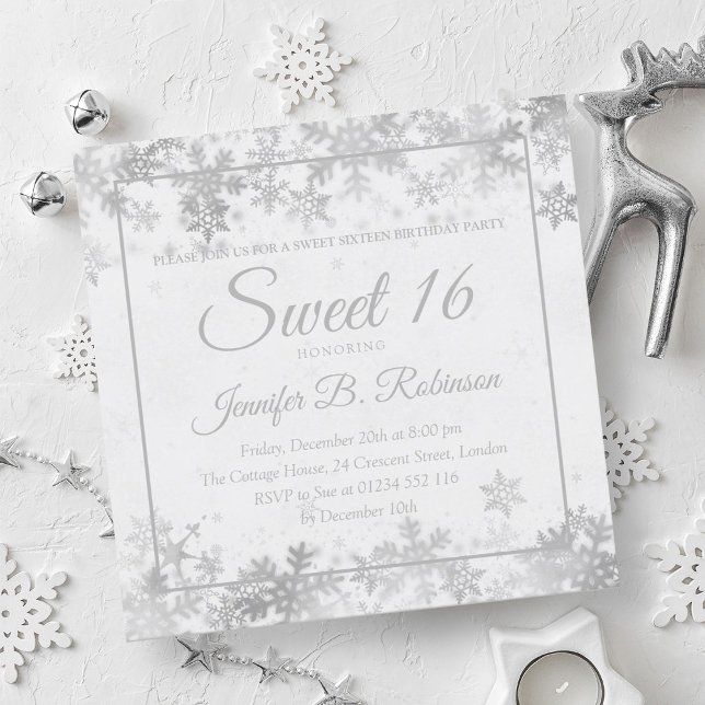 Winter Sweet 16 Birthday Silver Foil Snöflingor Inbjudningar (Winter Sweet 16 Birthday Silver Foil Snowflakes Invitation)