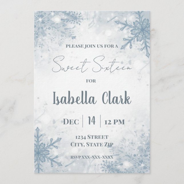 Winter Sweet Sixteen Invitation – Soft Snowflakes Inbjudningar (Framsida)