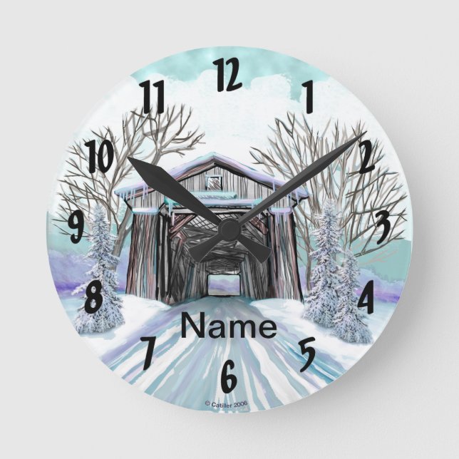 Winter-täckt bro rund klocka (Framsida)