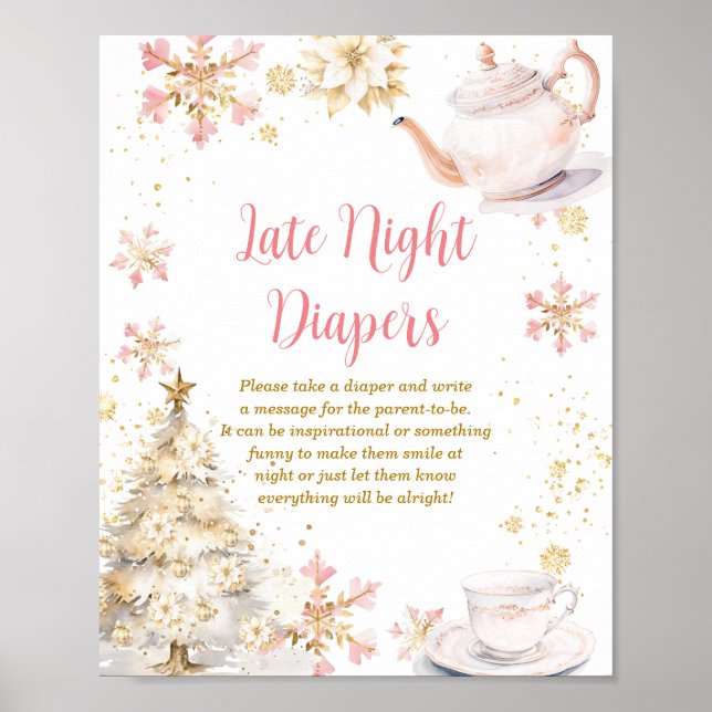 Winter Tea Party Baby Shower Late Night Diapers Poster (Framsidan)