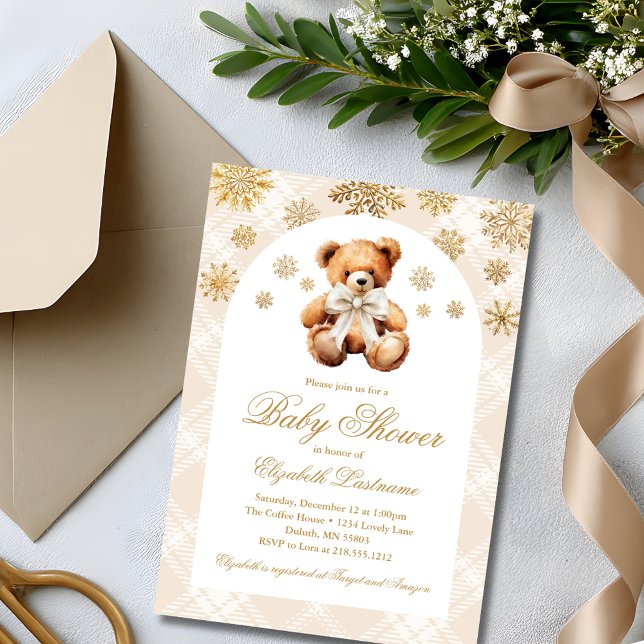 Winter Teddy Bear Holiday Baby Shower Inbjudningar (Classic Teddy Bear Ivory Plaid Preppy Baby Shower Invitation)