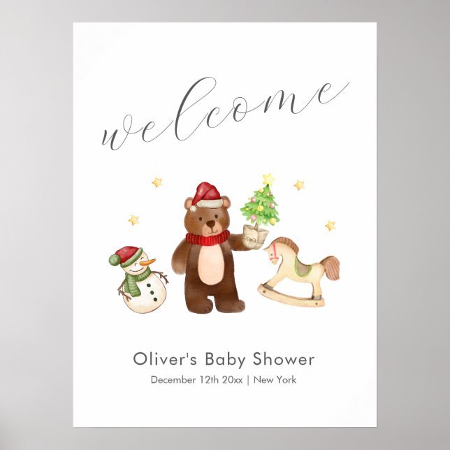 Winter Teddy Bear Snowman Baby Shower Welcome Poster (Framsidan)